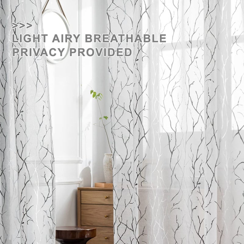 FINECITY Silver White CafÃ© Curtains 45 Inch Length 2 Panels Metallic Silver Foil Tree Branch Sheer Curtains Rod Pocket Sheer Kitchen Curtains over Sink Rod Pocket Privacy Kitchen Window Curtains, 52 x 45 Inch - Image 4